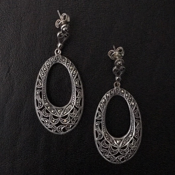 OVAL SILVER AND MARCASITE DROP EARRINGS - Picture 3 of 10